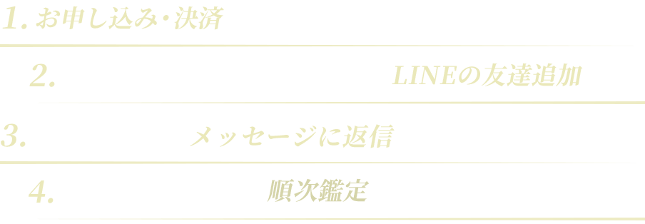 1.お申し込み・決済 (メールアドレスの入力ミスにご注意下さい)2.アドレス宛に届くメールからLINEの友達追加3.友達追加後のメッセージに返信4.送付頂いた方から順次鑑定をしてお返事致します